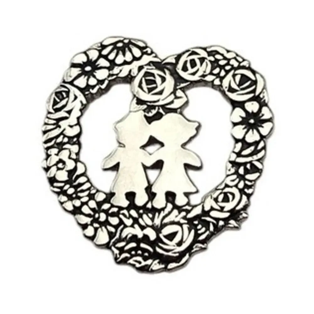 Heart Floral Wreath Brooch Girl Boy Silver Tone Romantic Cottagecore Pin